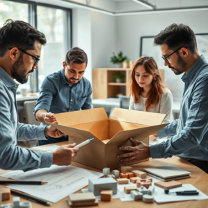 A team of packaging designers collaborating on a new corrugated box prototype in a modern office, surrounded by design sketches, 3D mockups, and material samples. The atmosphere is creative and focused, with natural light streaming in. The image should convey professionalism and innovation in a โรงงานผลิตกล่องลูกฟูก กรุงเทพ อยุธยา setting, ultra realistic, highly detailed, 8k quality, photorealistic