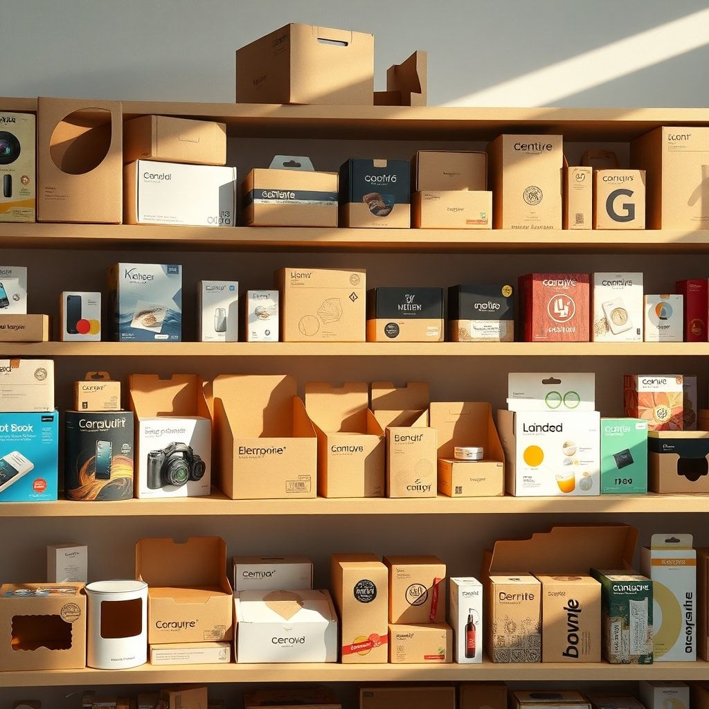 A diverse range of custom die-cut corrugated boxes displayed neatly on shelves in a modern showroom. The boxes vary in size,