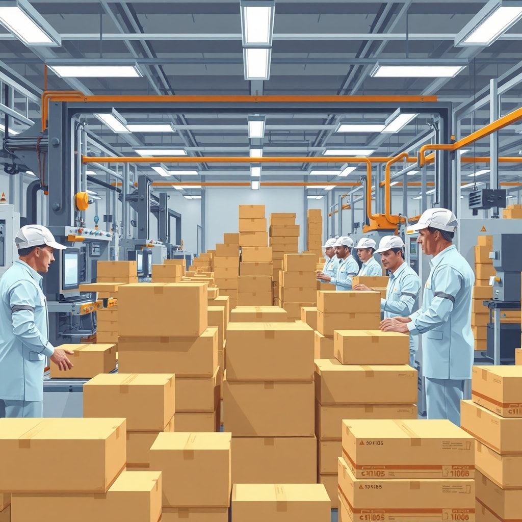 A modern, high-tech corrugated cardboard box factory interior with automated machinery producing boxes, workers in clean uniforms overseeing the process, stacks of finished boxes, bright lighting, industrial setting, focus on precision and efficiency, 8k quality, photorealistic