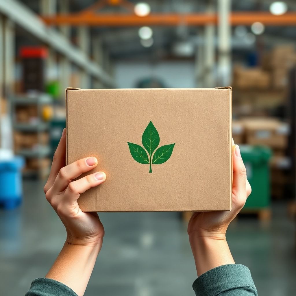 unlock - A close-up shot of hands holding a corrugated cardboard box made from recycled material, with a green leaf logo prin