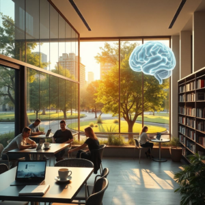 modern office with glass walls and people working on laptops, cozy Italian café terrace with coffee cups and notebooks, peaceful city park with green trees and stone pathways, minimalist living room interior with sunlight through large windows, futuristic AI holographic brain with neon lights, university library with tall bookshelves and students studying, warm natural sunlight, cinematic atmosphere, ultra realistic, highly detailed, 8k quality, photorealistic