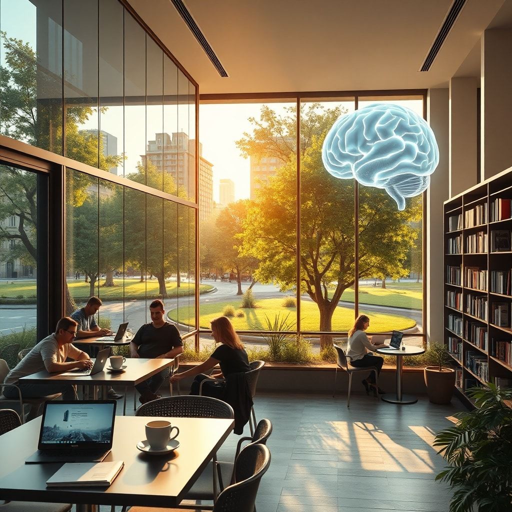 modern office with glass walls and people working on laptops, cozy Italian café terrace with coffee cups and notebooks, peaceful city park with green trees and stone pathways, minimalist living room interior with sunlight through large windows, futuristic AI holographic brain with neon lights, university library with tall bookshelves and students studying, warm natural sunlight, cinematic atmosphere, ultra realistic, highly detailed, 8k quality, photorealistic