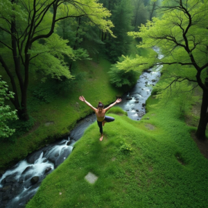 person practicing yoga in a peaceful nature setting, surrounded by green trees and a flowing stream, serene and tranquil atmosphere
