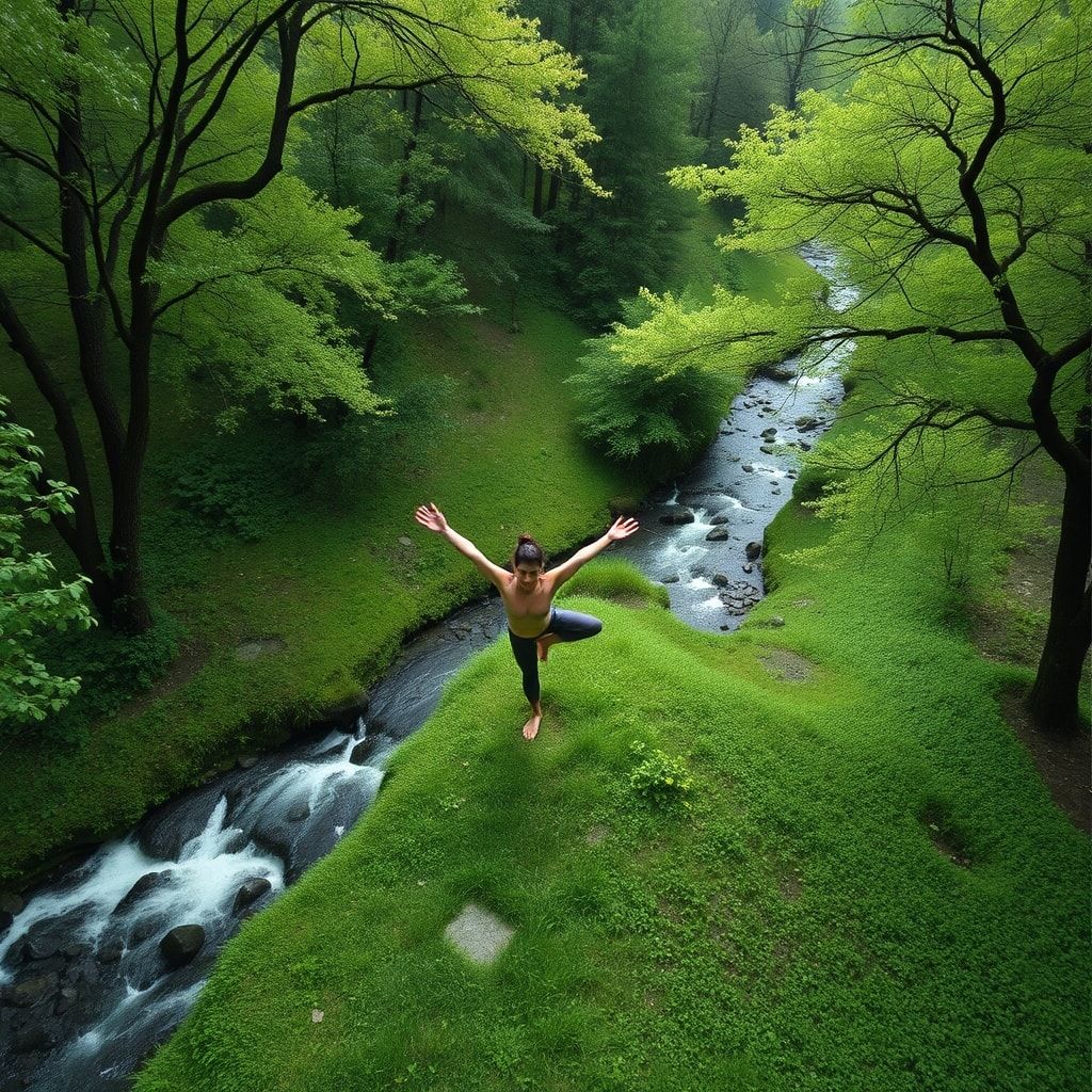 person practicing yoga in a peaceful nature setting, surrounded by green trees and a flowing stream, serene and tranquil atmosphere