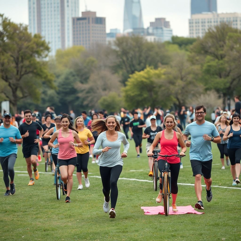 benefits - diverse group of individuals engaging in outdoor activities such as running, cycling, and yoga in a vibrant city p