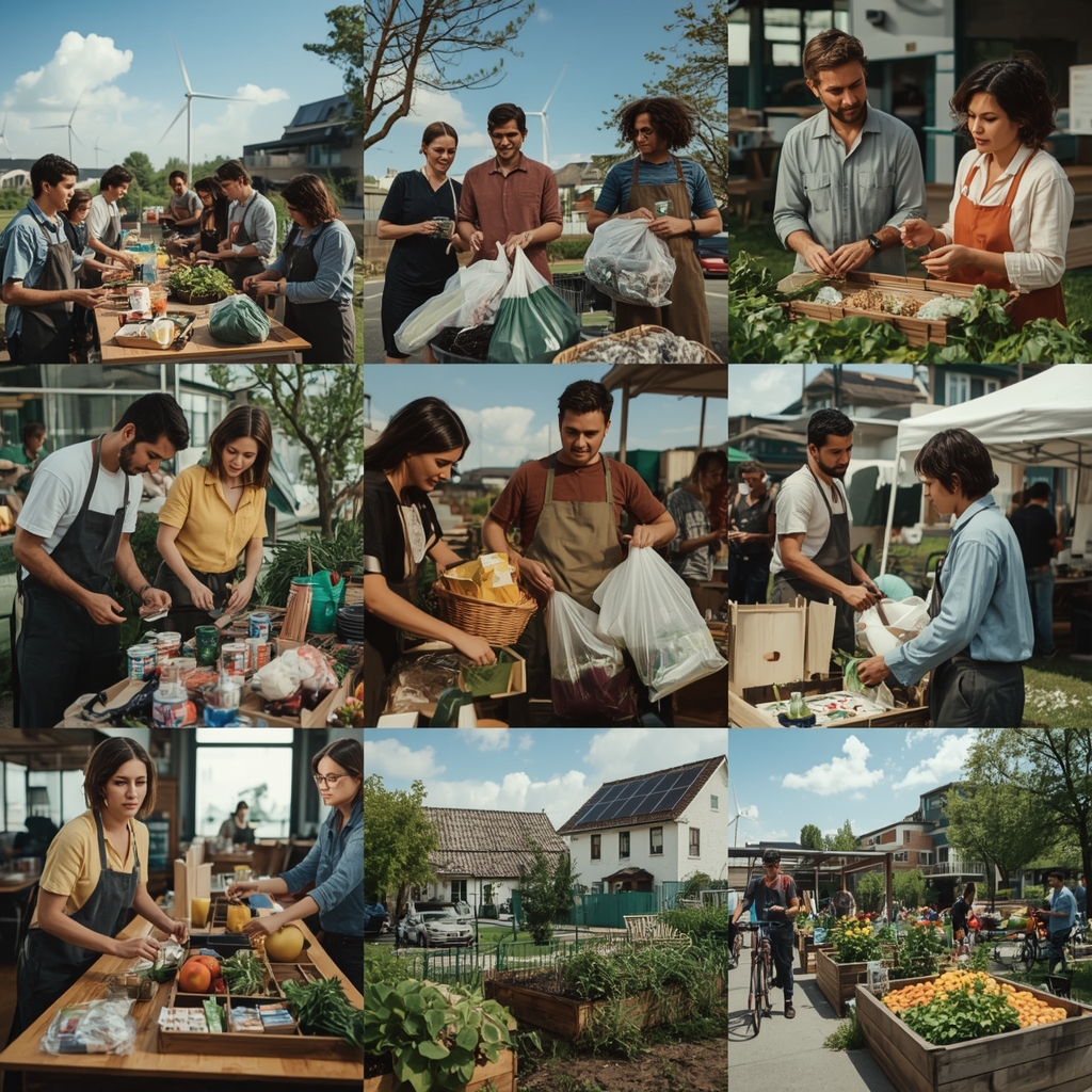 Diverse group of people recycling and sorting waste, eco-friendly products on a wooden table, sustainable household items like bamboo utensils and reusable bags, green energy sources like solar panels and wind turbines, vibrant farmers market with local produce and handmade goods, urban garden with raised beds and colorful flowers, sustainable architecture with green roofs and solar panels, sustainable transportation like bicycles and electric cars