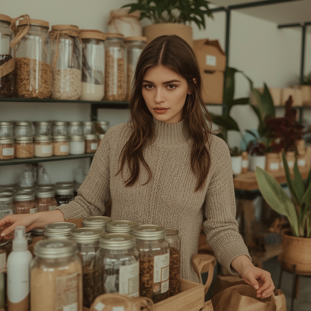 Woman shopping at a zero waste store, reusable glass jars filled with bulk items like grains and spices, zero waste lifestyle