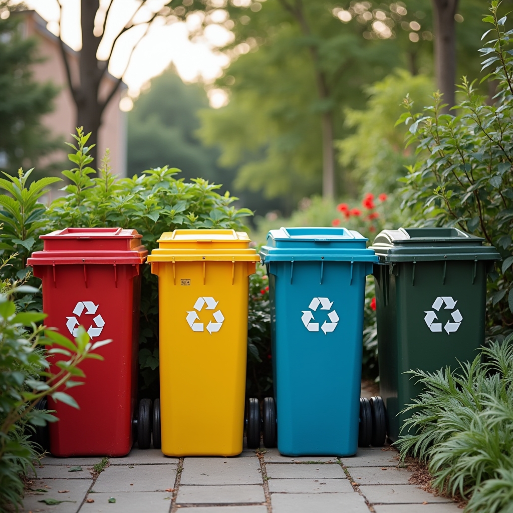 Colorful recycling bins for glass, paper, plastic, and metal, sustainable home garden with raised beds and compost bin, susta
