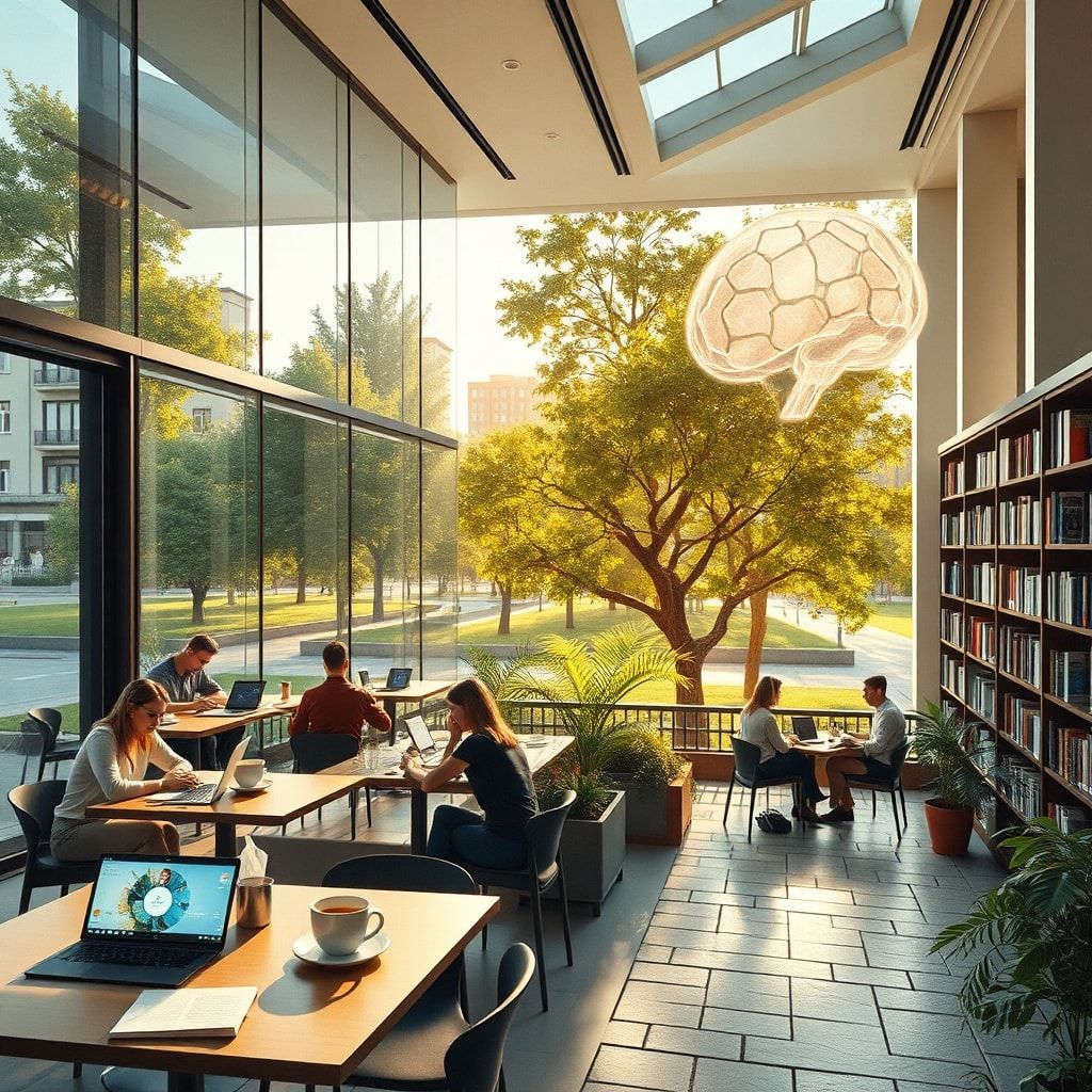 modern office with glass walls and people working on laptops, cozy Italian café terrace with coffee cups and notebooks, peaceful city park with green trees and stone pathways, minimalist living room interior with sunlight through large windows, futuristic AI holographic brain with neon lights, university library with tall bookshelves and students studying, warm natural sunlight, cinematic atmosphere, ultra realistic, highly detailed, 8k quality, photorealistic
