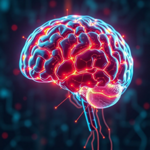 futuristic AI holographic brain with neon lights, ultra realistic, highly detailed