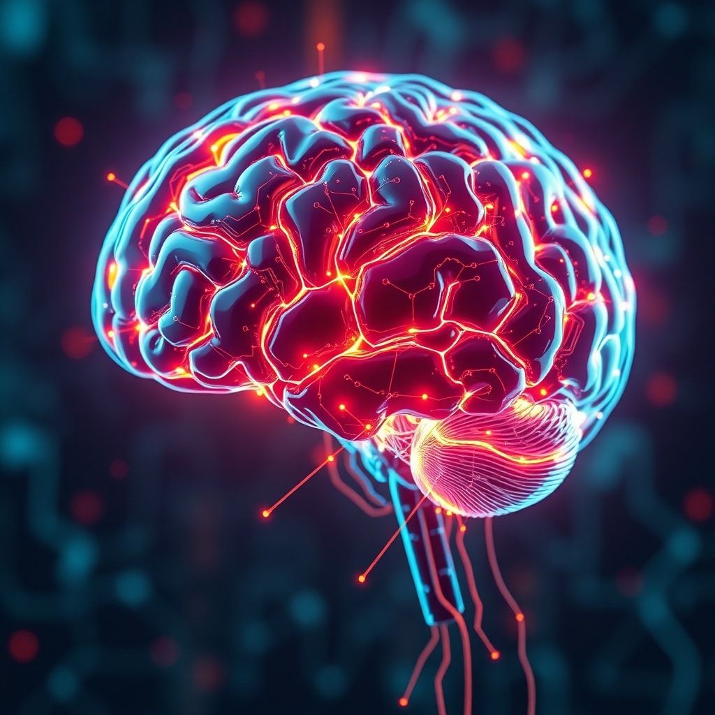 futuristic AI holographic brain with neon lights, ultra realistic, highly detailed