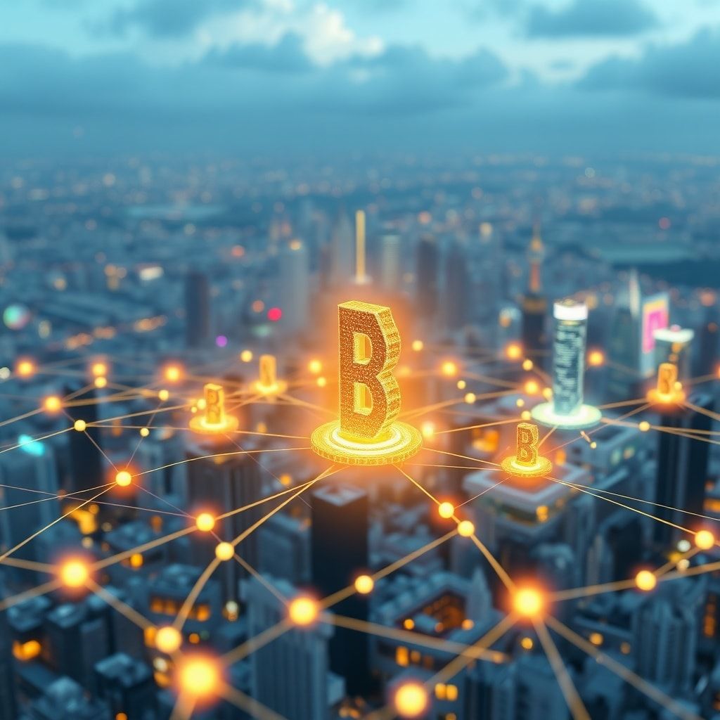 latest - secure blockchain network with digital blocks, interconnected nodes, decentralized system, futuristic city skyline,