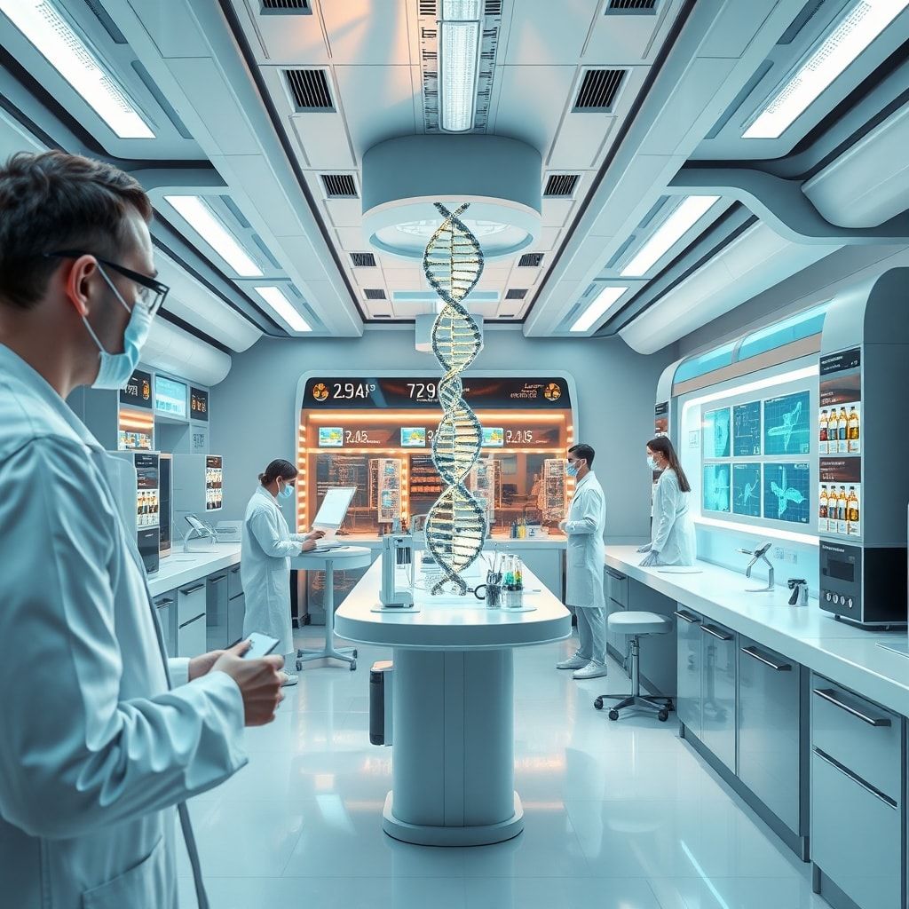 latest - advanced genetic engineering lab with scientists working on DNA sequences, futuristic medical facility with personal