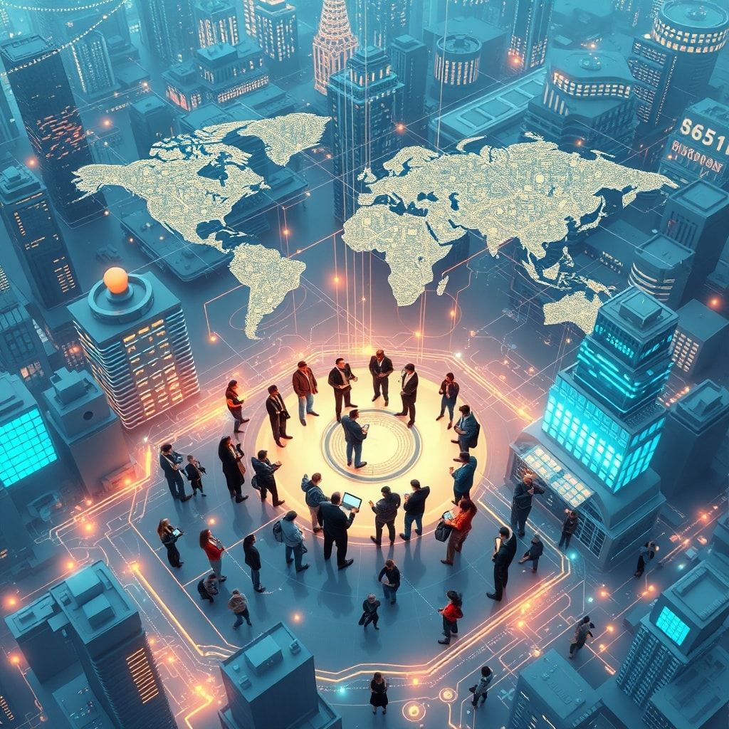 latest - innovative technology hub with diverse group of people collaborating, futuristic cityscape with high-tech infrastruc