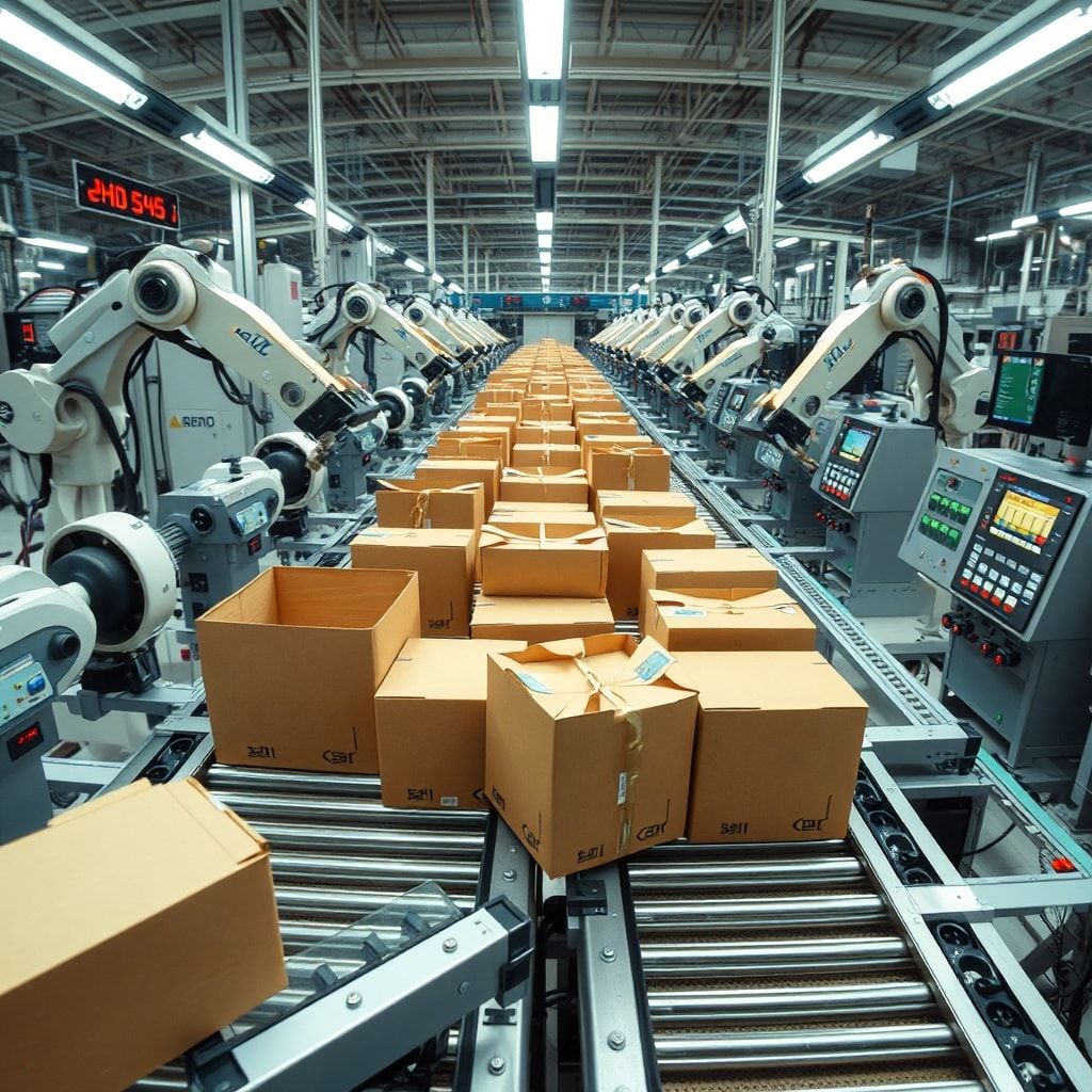 high-tech machinery in a cardboard box factory, robotic arms assembling boxes with precision, advanced printing equipment creating colorful designs, efficient conveyor belts moving boxes along the production line, futuristic control panels with digital displays