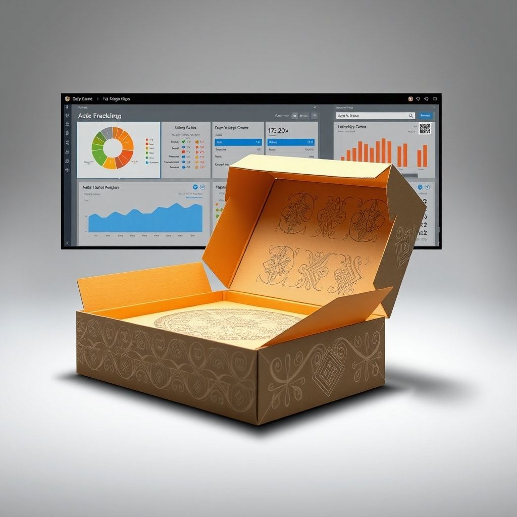 The Evolution of Technology: A Timeline of Innovation 2 evolution - digital design software creating intricate box patterns, data analytics dashboard optimizing supply chain logisti