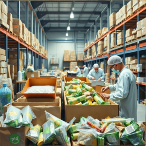 Eco-friendly packaging materials such as biodegradable plastics and recycled paper, sustainable packaging solutions in a modern warehouse setting, workers sorting recyclable materials in a recycling facility, innovative packaging technologies in a laboratory setting