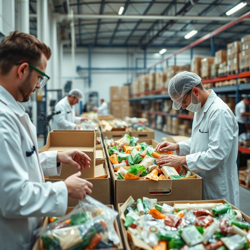 exploring - Innovative packaging technologies in a laboratory setting, workers sorting recyclable materials in a recycling fa