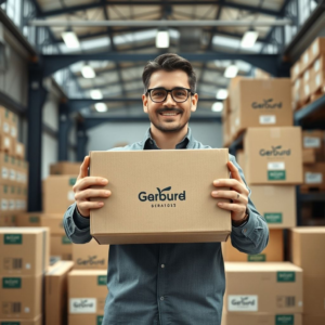A professional looking business owner proudly holding a custom-designed corrugated box with their brand logo, surrounded by other neatly stacked custom boxes in a modern warehouse setting, with natural light, focus on branding and quality packaging, wide-angle shot, cinematic, ultra realistic, highly detailed, 8k quality, photorealistic