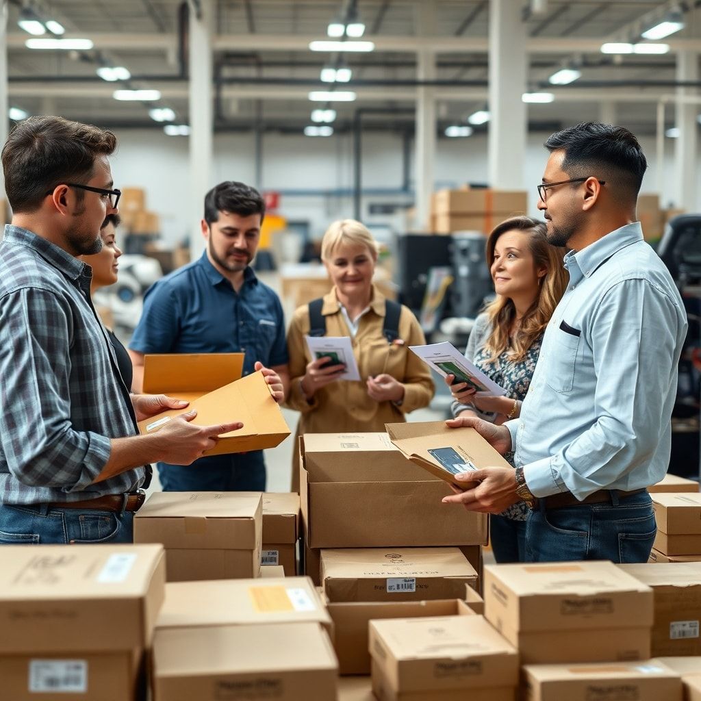 A diverse group of business owners and a factory representative discussing custom corrugated box designs on a factory floor,