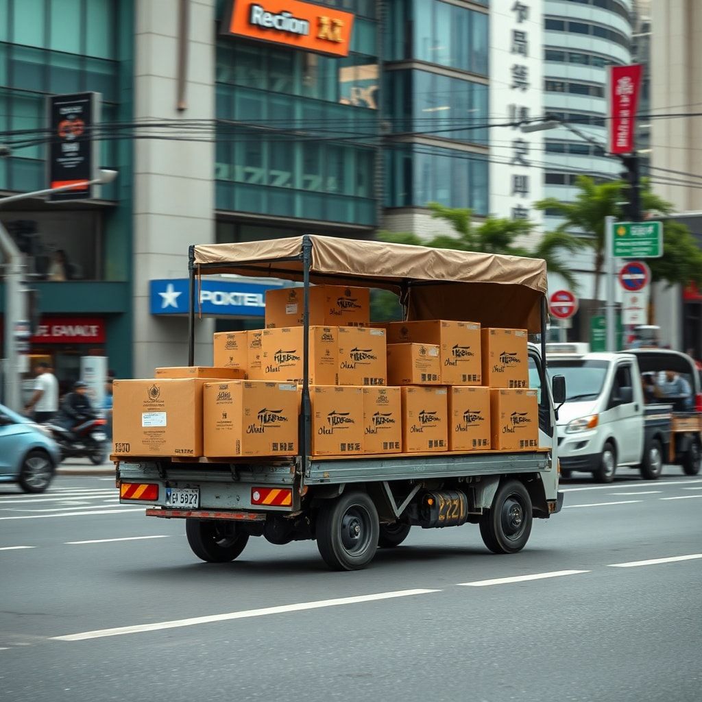 A delivery truck with custom corrugated boxes loaded, driving through a modern city street in Bangkok, illustrating efficient