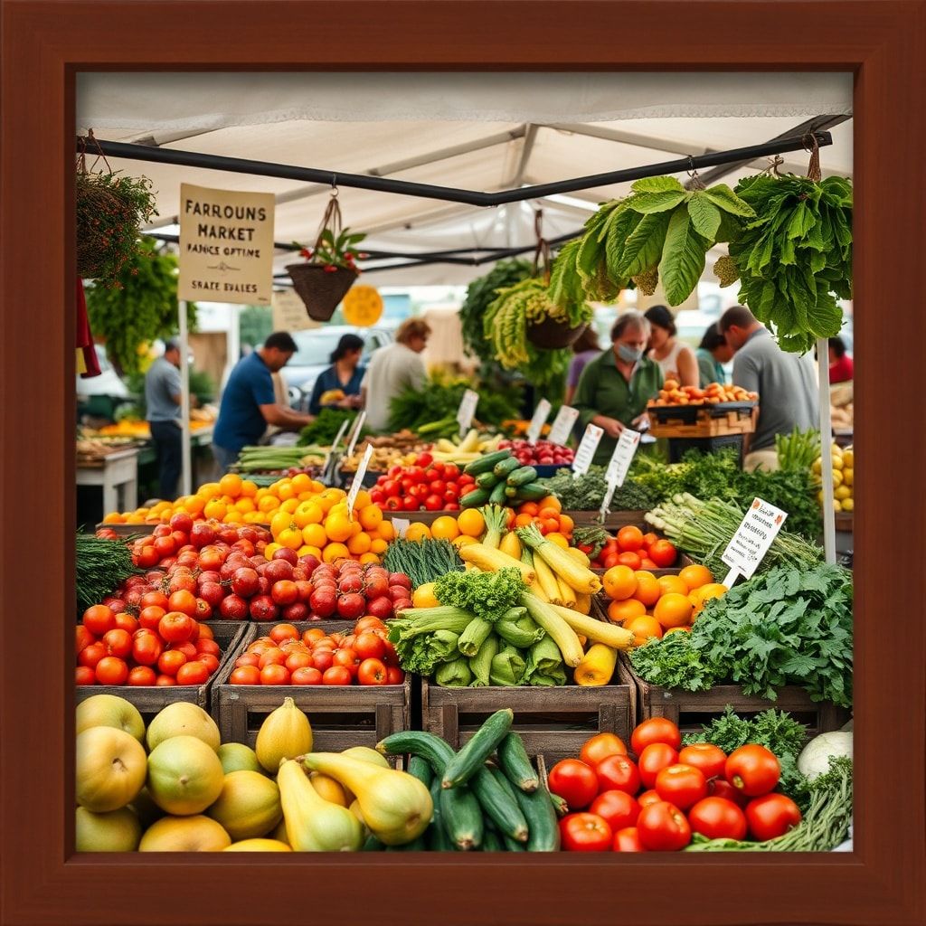 local farmers market with fresh produce, organic fruits and vegetables, sustainable agriculture practices