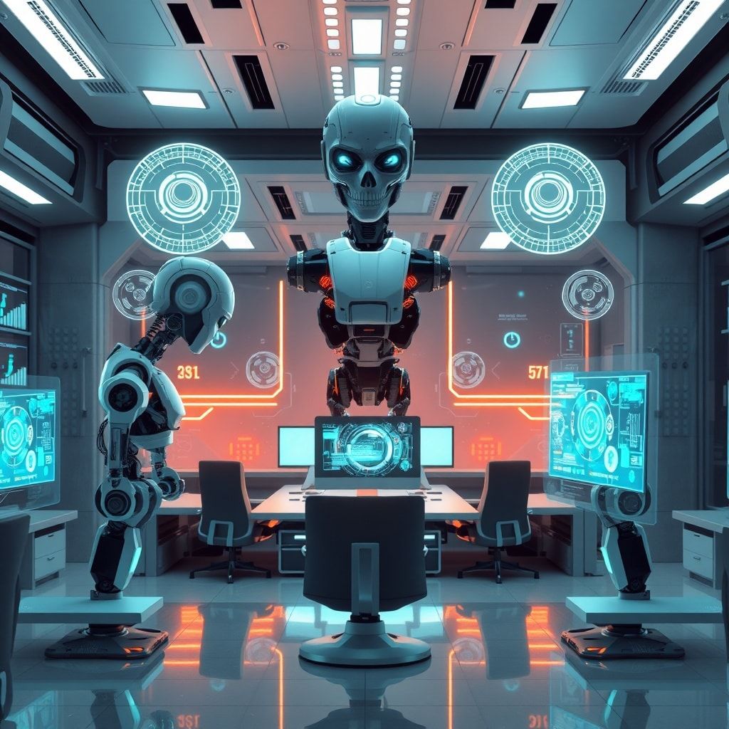 cutting-edge AI technology in a futuristic office setting, featuring advanced robotics and holographic displays