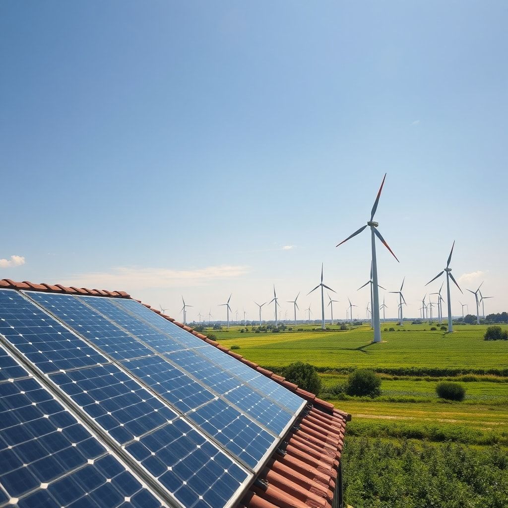 innovations - solar panels on a rooftop, capturing sunlight and converting it into clean energy, wind turbines spinning in a