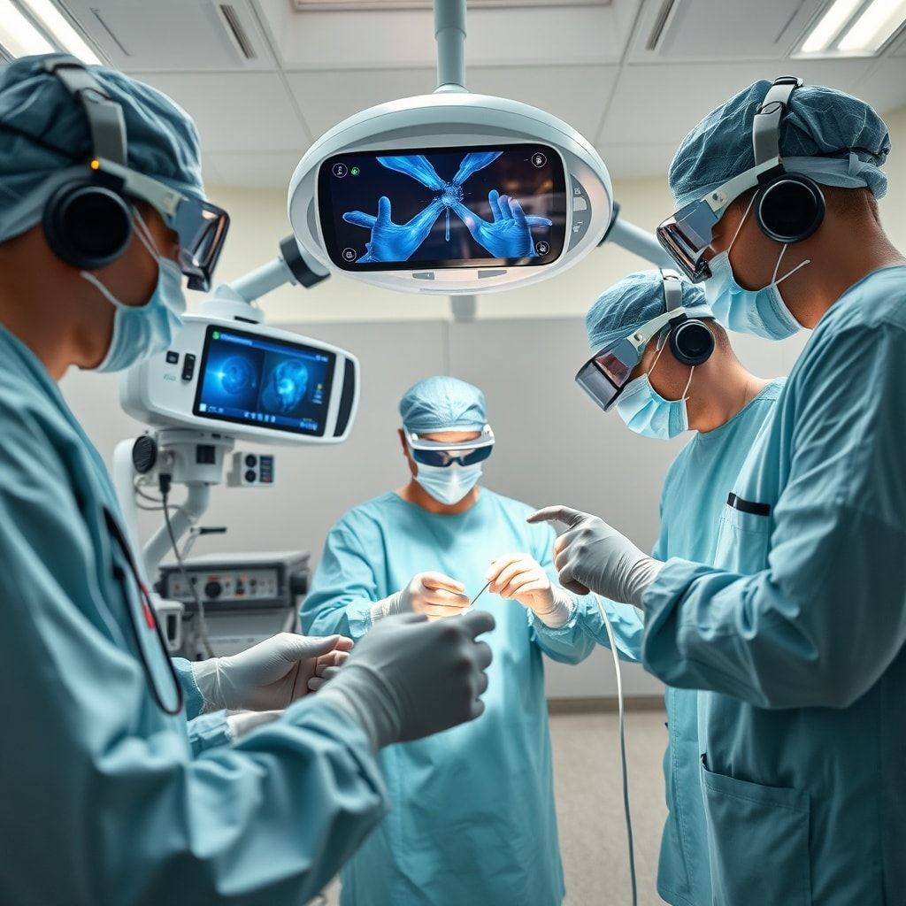 innovations - medical professionals using cutting-edge technology in a hospital setting, including virtual reality surgical e