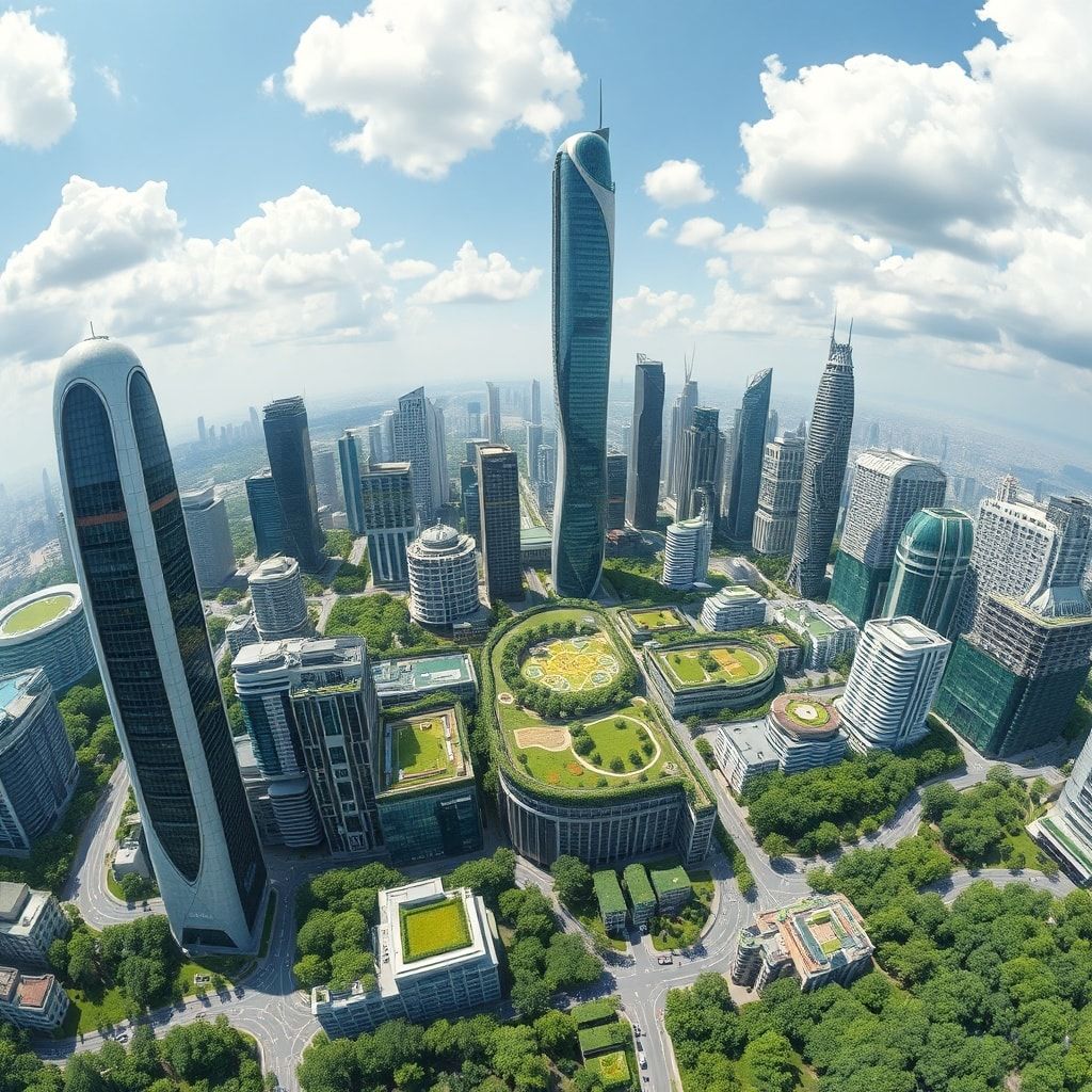 innovations - innovative city skyline with futuristic skyscrapers and green spaces, showcasing a blend of technology and sust