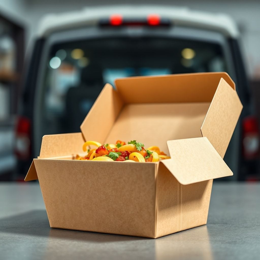 Close-up shot of a perfectly sealed, oil-proof corrugated food delivery box, designed for a delivery business, with a delicious-looking meal inside, no spills visible, against a blurred background of a modern kitchen or delivery vehicle, showcasing quality and reliability, vibrant colors, professional product photography, soft studio lighting, ultra realistic, highly detailed, 8k quality.