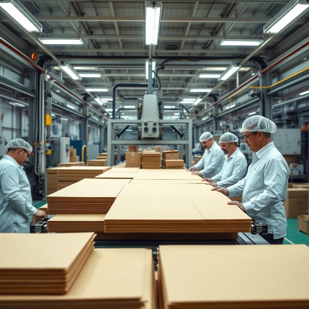 stop - Inside a modern factory producing corrugated boxes, showing advanced machinery applying a special oil-resistant coatin