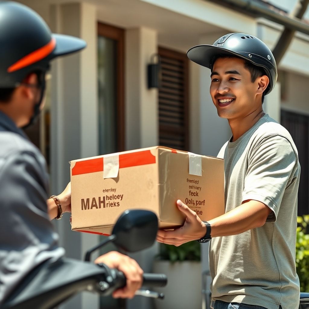 stop - A smiling customer receiving a food delivery package from a friendly delivery rider, the package is an intact, branded