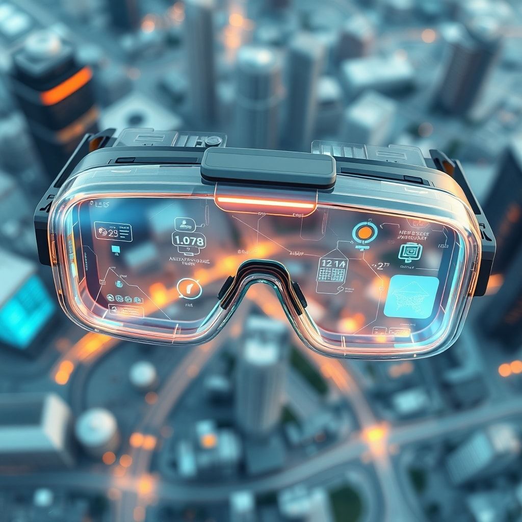 innovative - augmented reality glasses overlaying virtual information on real world, high tech futuristic design, interactive