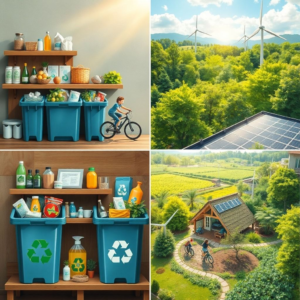 recycling bins with paper, plastic, and glass, eco-friendly products on a wooden shelf, solar panels on a roof with sunlight shining, diverse group of people riding bikes in a city park, lush green forest with sunlight filtering through trees, sustainable agriculture field with crops and irrigation system, happy family planting trees in a garden, clean energy wind turbines in a field, eco-friendly house with green roof and solar panels