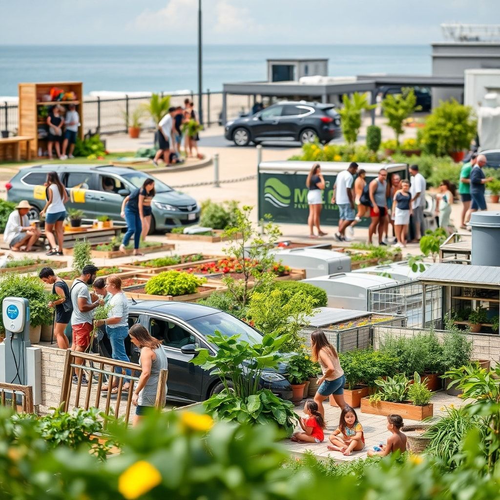 sustainability - community garden with raised beds and compost bins, diverse group of people participating in a beach cleanup