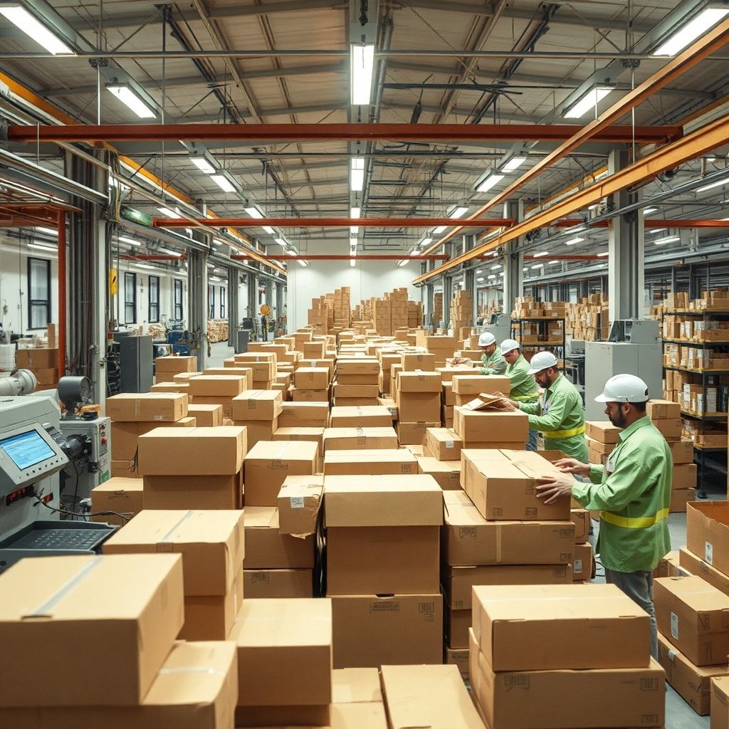 modern and sustainable cardboard box factory with workers using eco-friendly machinery, recycling programs in action, energy-efficient technologies, water conservation measures, and employees engaged in sustainability practices
