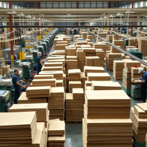 busy factory floor with workers assembling corrugated boxes, machinery in motion, stacks of cardboard sheets, vibrant colors, bustling atmosphere, industrial setting