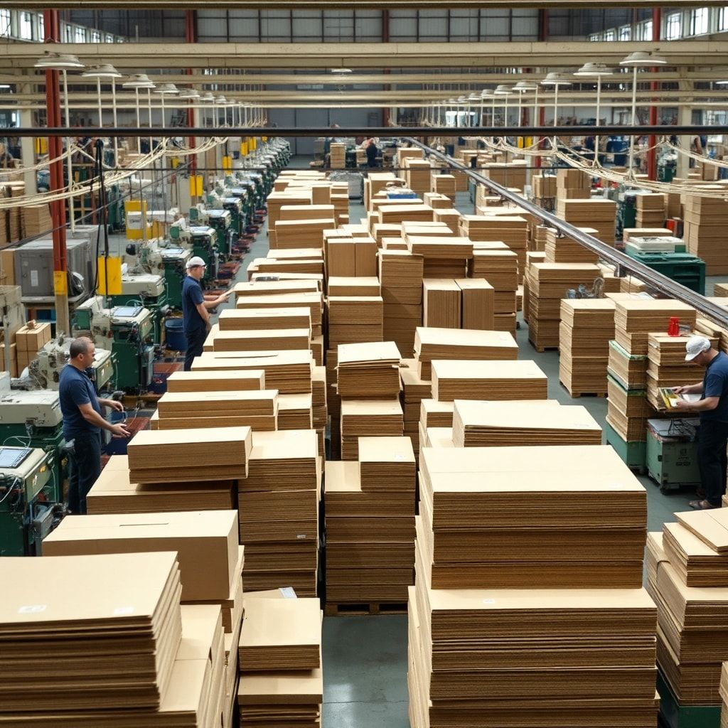 busy factory floor with workers assembling corrugated boxes, machinery in motion, stacks of cardboard sheets, vibrant colors, bustling atmosphere, industrial setting