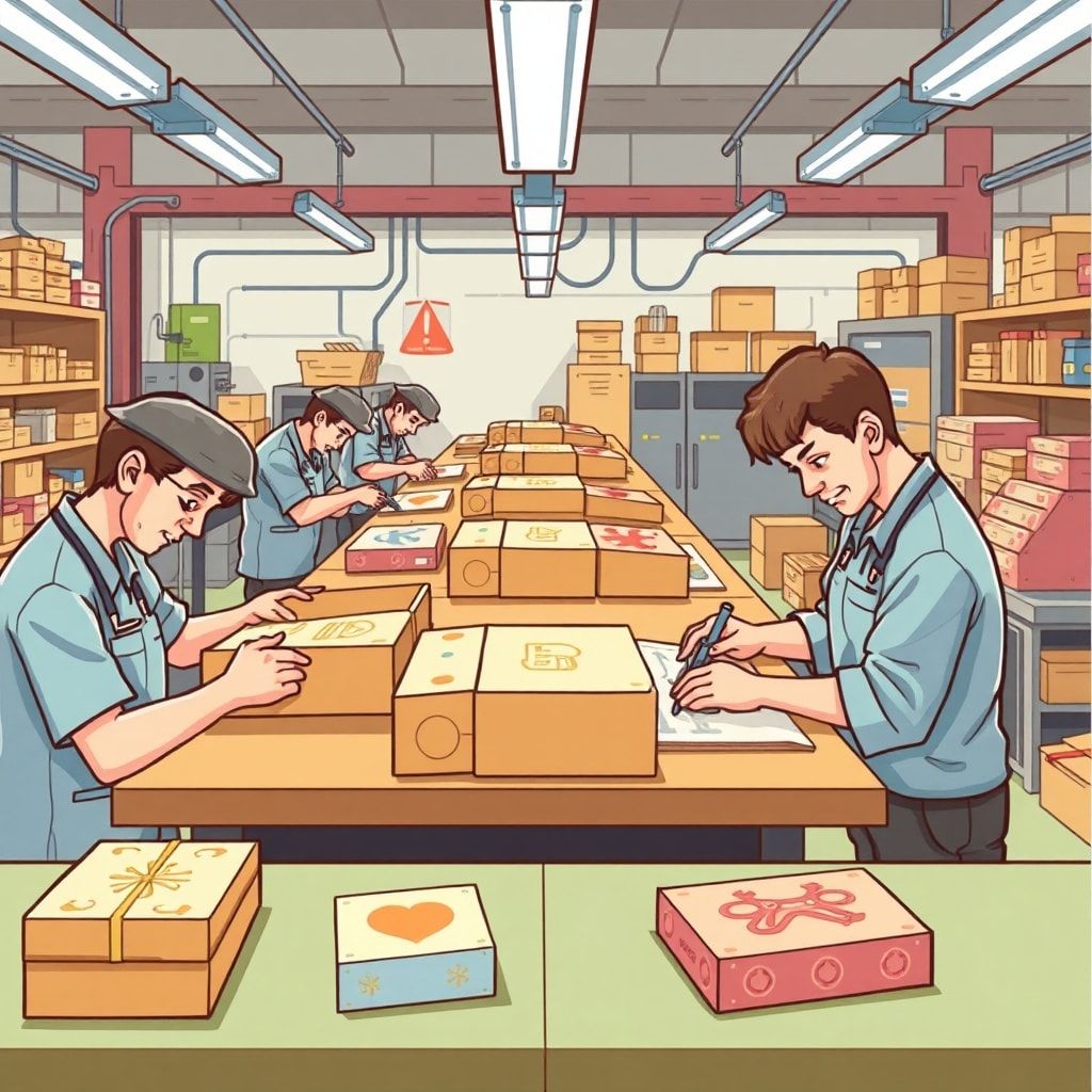 exploring - skilled craftsmen working on intricate box designs, precision cutting and folding machines, quality control check