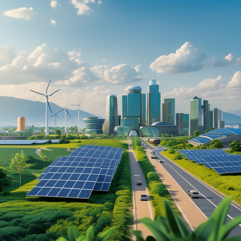 sustainable - green city with renewable energy sources and eco-friendly transportation options