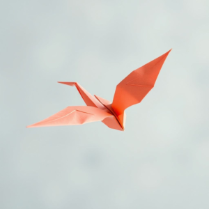 origami paper crane in flight, delicate and intricate, vibrant colors, artistic background, serene and peaceful