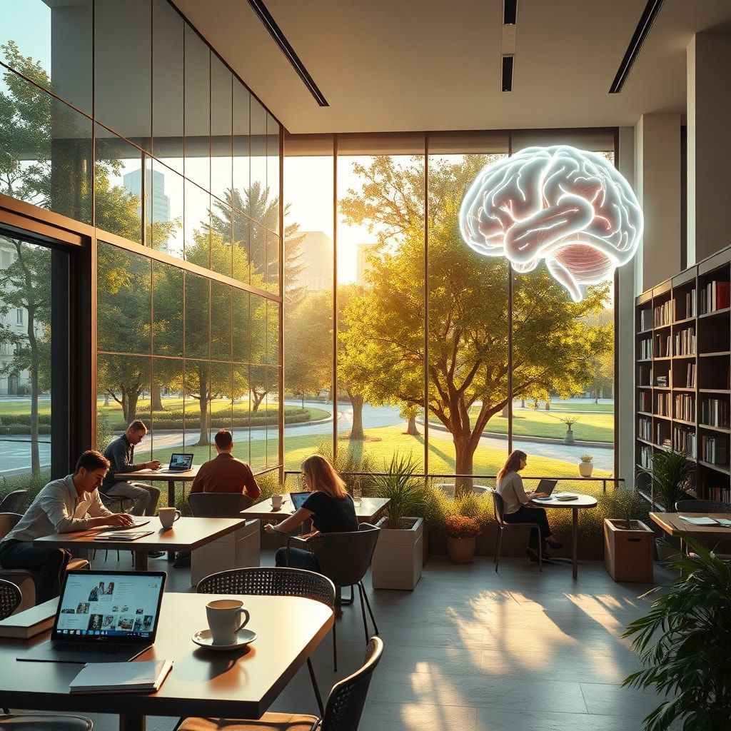modern office with glass walls and people working on laptops, cozy Italian café terrace with coffee cups and notebooks, peaceful city park with green trees and stone pathways, minimalist living room interior with sunlight through large windows, futuristic AI holographic brain with neon lights, university library with tall bookshelves and students studying, warm natural sunlight, cinematic atmosphere, ultra realistic, highly detailed, 8k quality, photorealistic