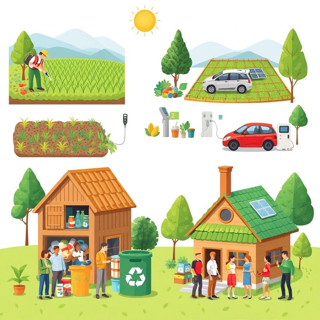 sustainable farming practices with farmers tending to crops, solar panels on a rooftop generating renewable energy, electric