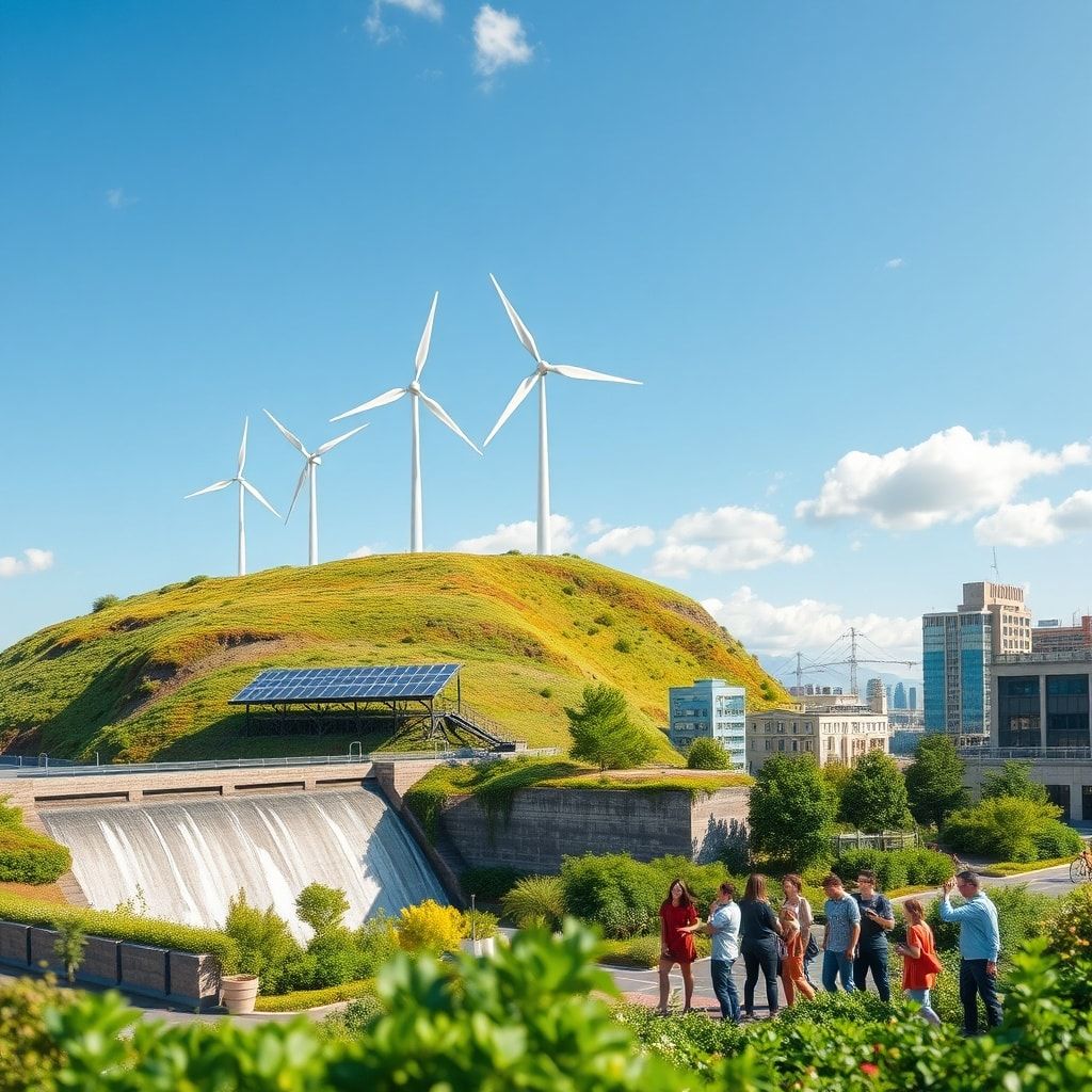 clean energy wind turbines on a hillside with blue sky, solar panels on a rooftop with sunlight, hydroelectric dam generating