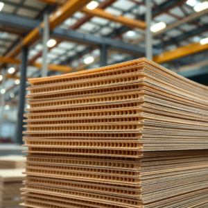 A close-up shot of a stack of freshly manufactured corrugated cardboard sheets in a modern, well-lit factory. The layers of the fluting are clearly visible, showcasing the strength and structure. Industrial setting, warm artificial lighting, focus on texture and detail, ultra realistic, highly detailed, 8k quality, photorealistic