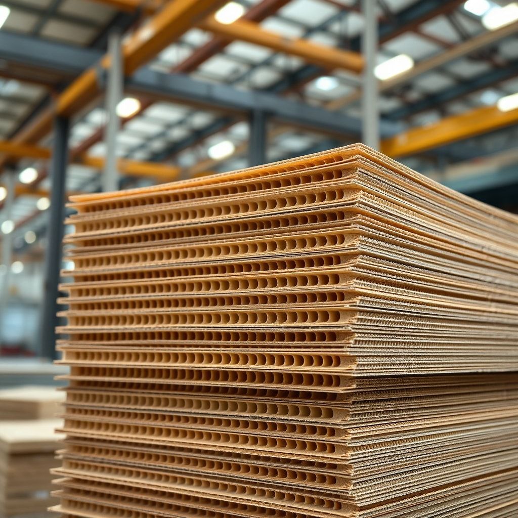 A close-up shot of a stack of freshly manufactured corrugated cardboard sheets in a modern, well-lit factory. The layers of the fluting are clearly visible, showcasing the strength and structure. Industrial setting, warm artificial lighting, focus on texture and detail, ultra realistic, highly detailed, 8k quality, photorealistic