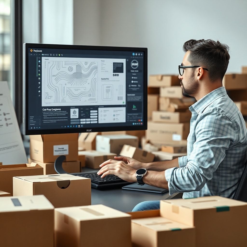 A professional graphic designer working on a custom packaging design on a large monitor, surrounded by various prototype corr