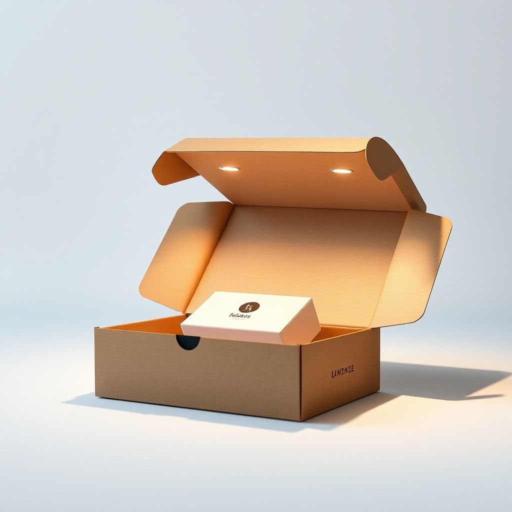 A beautifully designed custom corrugated box with a product inside, showcasing intricate die-cut inserts for a snug fit, elegant brand logo printing, and a smooth, matte finish. The box is open, revealing the product being protected, in a clean, modern studio setting with soft lighting, ultra realistic, highly detailed, 8k quality, photorealistic