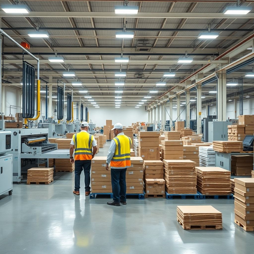 expert - A wide shot of a modern, clean corrugated box manufacturing factory floor. Large, automated machinery is actively cu